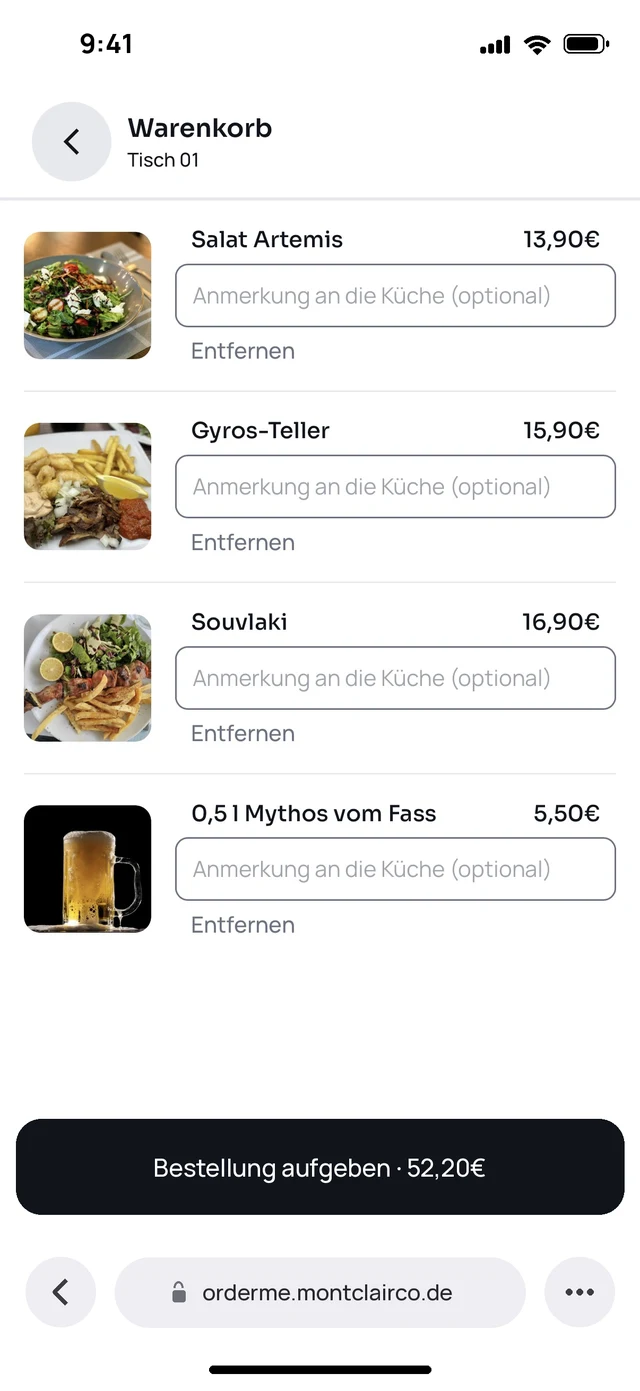 Warenkorb in OrderMe mit vier Artikeln und je einem Feld für eine Anmerkung an die Küche