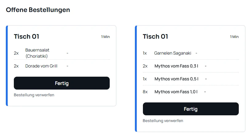 Küchenansicht von OrderMe mit zwei offenen Bestellungen für Tisch 01